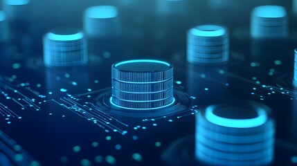 Close-up of glowing data storage disks placed on a digital circuit board, representing modern data technology and information systems.