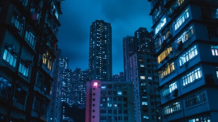 A stunning night view of Hong Kong's skyline, showcasing illuminated high-rise buildings amidst a moody blue atmosphere.