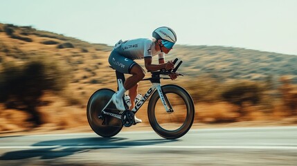 A male cyclist races on a sleek time trial bike in a sunlit landscape, showcasing speed and determination.