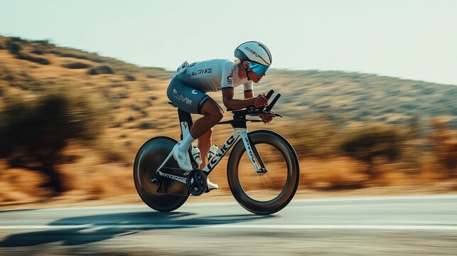 A male cyclist races on a sleek time trial bike in a sunlit landscape, showcasing speed and determination.
