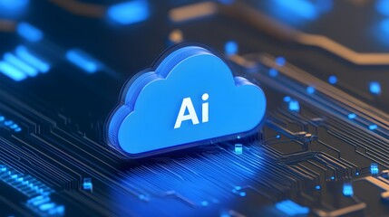 Cloud AI concept with a glowing blue cloud symbol on a digital circuit board. Represents innovation in artificial intelligence technology.