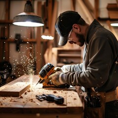 A male carpenter focuses intently on his work, crafting wood in a well-lit workshop filled with tools and sawdust.