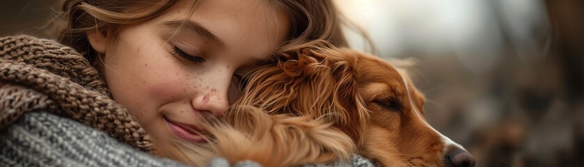 Awardwinning studio shot, girl hugging dog