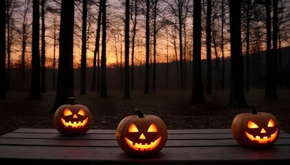 A spooky forest sunset with a haunted evil glowing eyes of Jack O' Lanterns on the left of a wooden bench on a scary halloween night.	
