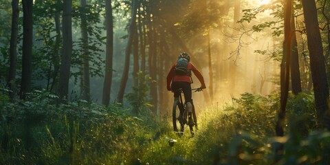 Obraz premium A male cyclist navigating a sunlit forest path, surrounded by lush greenery and golden sunlight filtering through the trees.