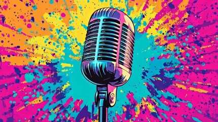 A vibrant retro microphone stands boldly against a colorful splatter background, evoking a sense of excitement and creativity.