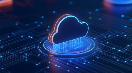 Cloud computing concept with digital cloud icon on a high-tech circuit board, illustrating modern data storage and technology solutions.