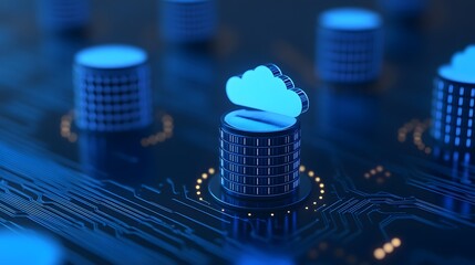 Cloud computing concept with futuristic data storage and virtual servers represented by blue glowing cloud icons and circuit board.