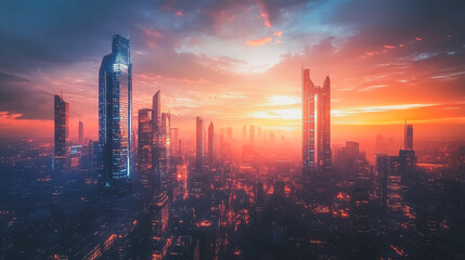 Fototapeta premium Smart digital Innovation city with connection network reciprocity over the cityscape. of future smart wireless digital city and social media networking systems that connects people with in city