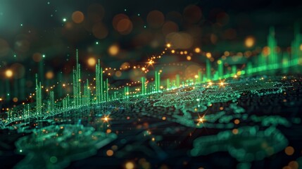 A vibrant digital landscape showcasing financial data trends with glowing green graphs overlaying a world map.