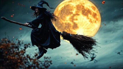 Halloween. A young witch flying on a broomstick through a mystical forest during autumn, with vibrant orange leaves falling around her. Perfect for themes of fantasy, Halloween, magic, and adventure.