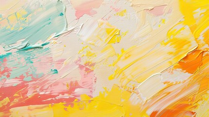 Abstract Pastel Yellow and Coral Brush Strokes on Textured Canvas Background