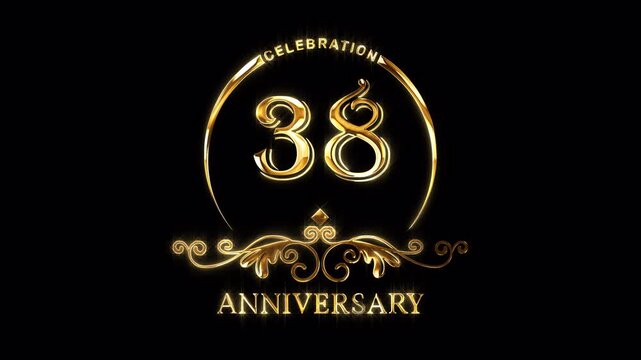 38th Anniversary Celebration. Happy 38 Years Anniversary Animation in Gold Color on the Transparent Background, Alpha Channel. Great for greetings, celebrations, events, and gifts.
