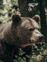 Fototapeta premium A majestic brown bear in a lush forest setting, showcasing its powerful build and gentle expression amidst the greenery.