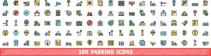 100 parking icons set. Color line set of parking vector icons thin line color flat on white