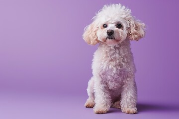 Obraz premium A sweet Poodle sitting on a solid lavender background with space above for text