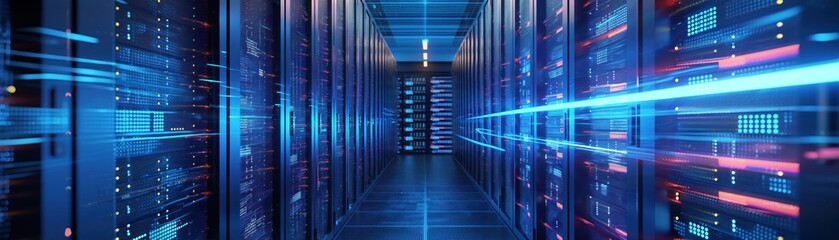Fototapeta premium Server room illustration featuring server racks in a datacenter environment. Modern technology infrastructure for cloud computing, network communication, and digital storage.
