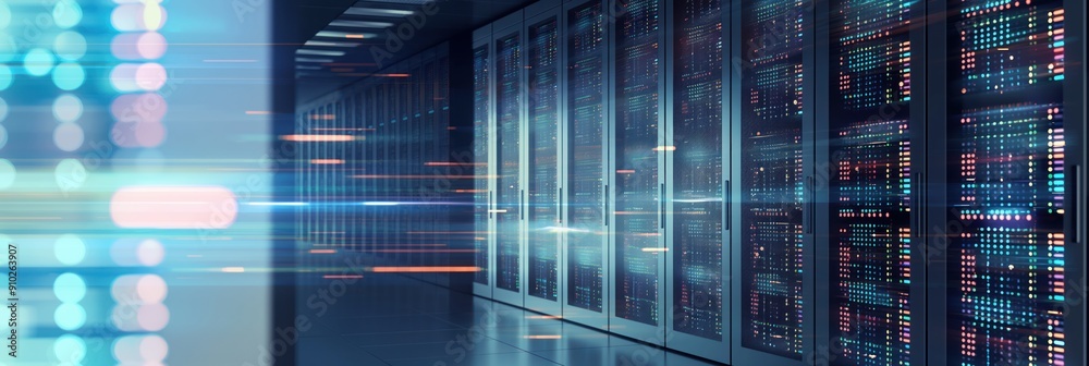 Poster server room in datacenter with rows of server racks and cable management systems. 3d illustration of