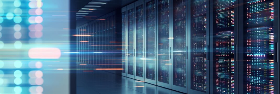 Server room in datacenter with rows of server racks and cable management systems. 3D illustration of computer equipment, network infrastructure, and cloud computing concept.