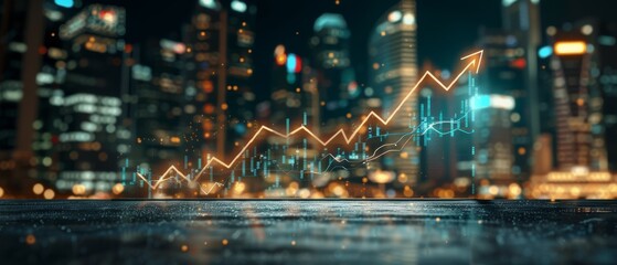 Fototapeta premium A dynamic cityscape with an upward financial graph, showcasing economic growth and success in a modern urban setting at night.