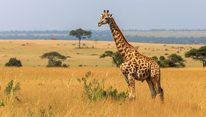 Giraffe in African savannas, Nature Wallpaper Background with Copy Space