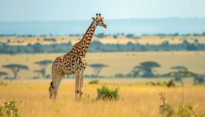 Fototapeta premium Giraffe in African savannas, Nature Wallpaper Background with Copy Space