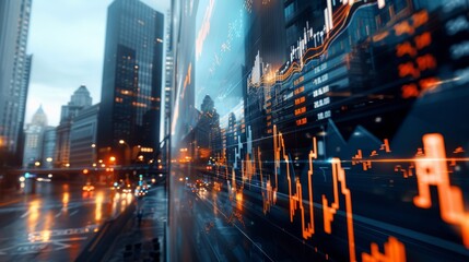 Cityscape reflections with glowing stock market charts on glass wall, merging urban life and financial data in a dynamic visual representation.