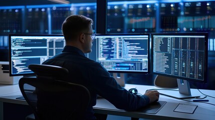 specialist sits in data center surrounded by rows of computer servers, works on desktop computer with three displays showing blockchain, network architecture concept. Man focused on coding,
