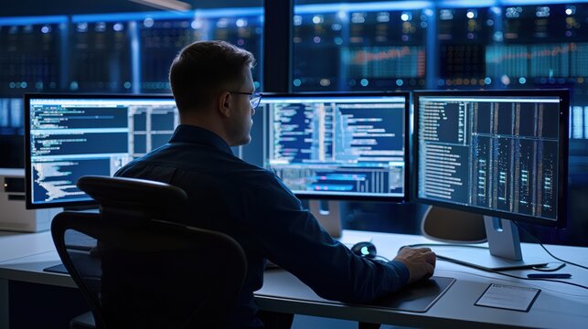specialist sits in data center surrounded by rows of computer servers, works on desktop computer with three displays showing blockchain, network architecture concept. Man focused on coding,