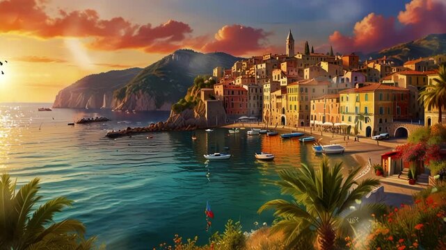 italy, seaside at sunset boats on the waters and colorful houses. seamless looping 4k video
