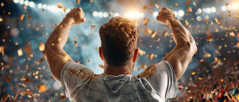 Man celebrating victory in a stadium with confetti. Concept of success and achievement in sports or entertainment.
