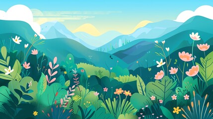 Fototapeta premium A colorful mountain landscape with lush greenery and blooming flowers.