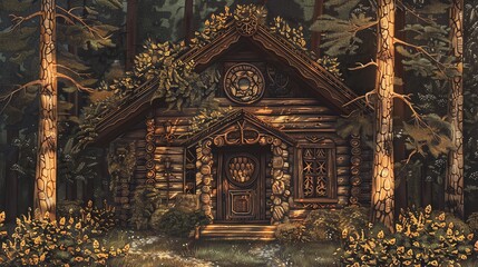 Fototapeta premium A cozy wooden cabin nestled deep within a lush forest, surrounded by towering trees.