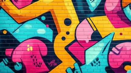 Fototapeta premium Vibrant graffiti artwork featuring bold colors and geometric shapes on a brick wall.