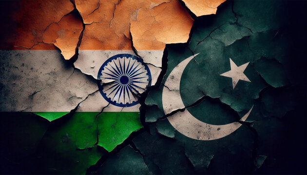 Flags of india and pakistan on cracked surface. The juxtaposed flags of India and Pakistan appear on a worn and cracked surface, symbolizing geopolitical tensions