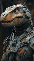 Obraz premium A highly detailed robotic dinosaur, featuring intricate metallic textures and glowing eyes, set against a gritty industrial background.