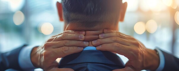 Businessman dealing with neck pain, massaging neck in discomfort, closeup of hands and neck