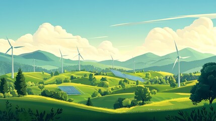 A vibrant landscape showcasing renewable energy sources with wind turbines and solar panels amidst lush green hills.