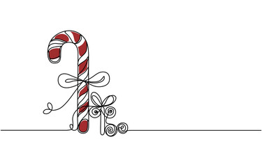 Continuous one line drawing of Christmas candy. Christmas red candy cane isolated on white background. Vector illustration, Continuous line drawing. Sweet candy. Lollipop. Black isolated on white back