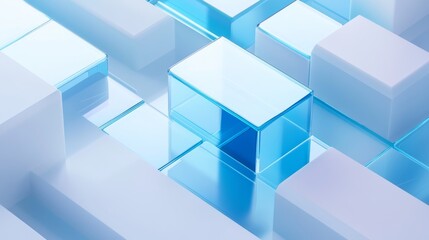 Fototapeta premium Abstract composition of translucent blue and white geometric shapes, creating a modern and serene visual atmosphere.