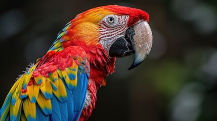 Obraz premium A scarlet macaw on a branch, bright red, yellow & blue feathers stand out against green background