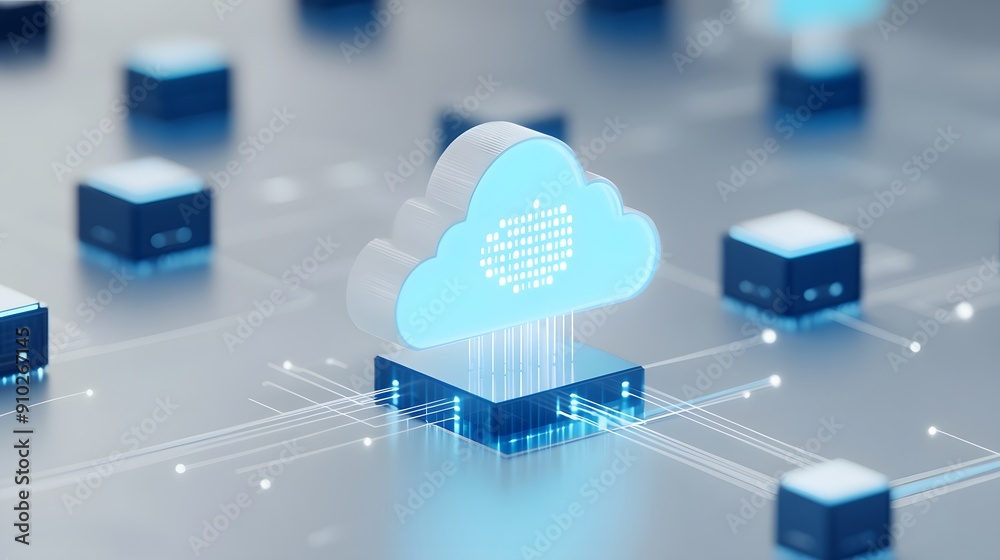 Poster cloud computing concept with stylized cloud and data storage icons connected by lines, illustrating 
