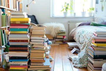 A messy bedroom with stacks of books, a bed, and a window with sunlight streaming in.  The room has a relaxed and cozy atmosphere.