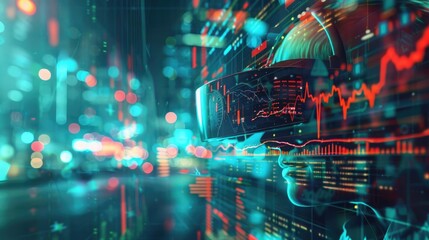 Futuristic digital art of a person wearing VR glasses, immersed in a vibrant data-driven environment with neon light effects.