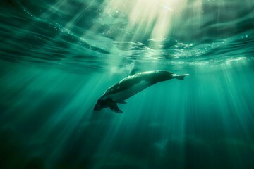 Obraz premium Close up of a whale is swimming in the green ocean with rays of sunlight shining through underwater. Generative AI