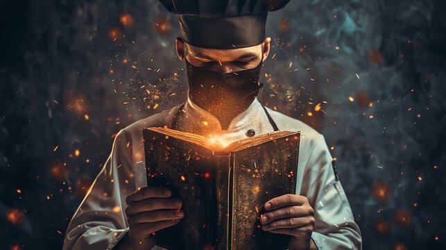 Chef holds a virtual shield with a spatula icon in one hand and a virtual cookbook icon with the other minimalistic drawing drawing without light