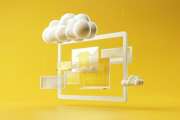 3d internet browser runing windows programs. The cloud computing supporting. White an yellow. 