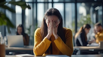 businesswoman or office worker sneezing in her office