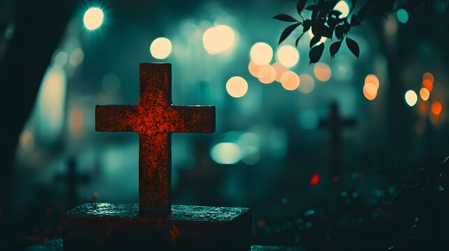 A stone cross illuminated at night amidst a blurred cemetery backdrop.