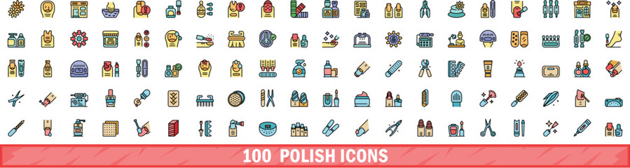 100 polish icons set. Color line set of polish vector icons thin line color flat on white